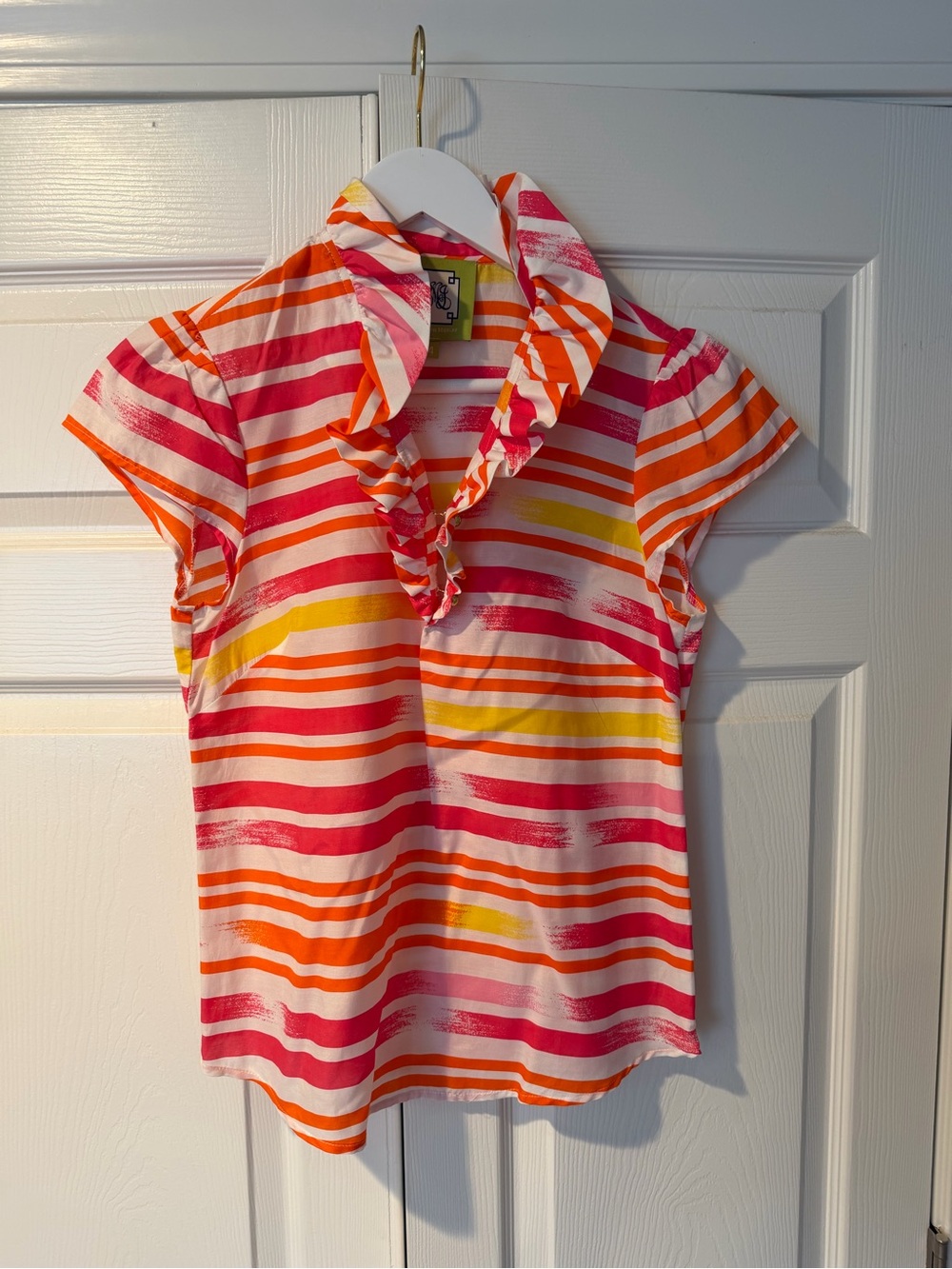 Elizabeth McKay Pink, Orange & Yellow Striped Ruffle-Collar Top